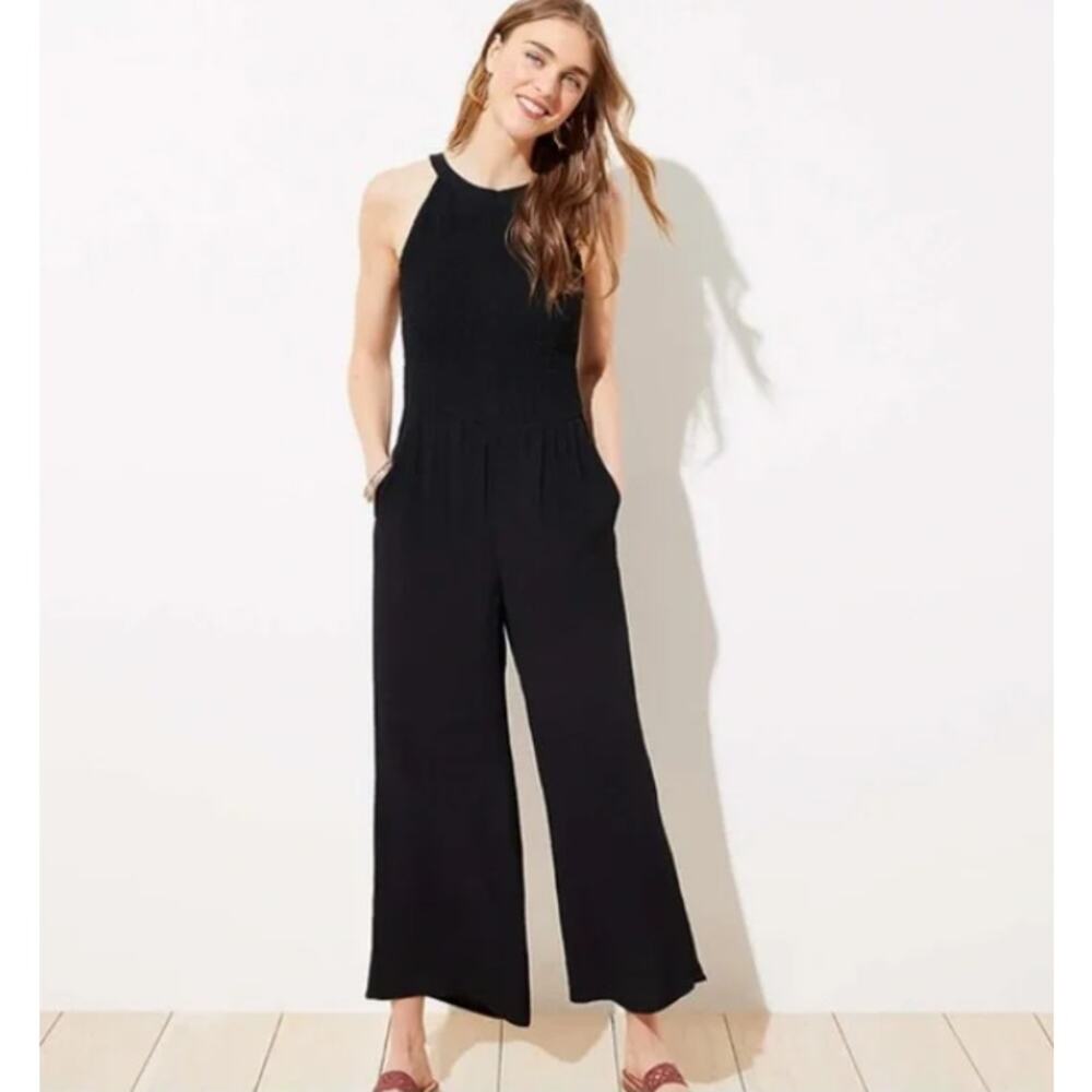 LOFT Black Halter Neck Smocked Wide Leg Jumpsuit Size 6